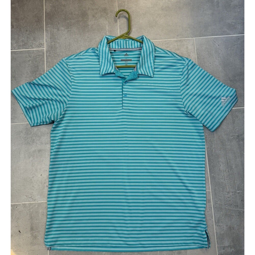 ADIDAS Golf Polo Mens Large Aqua Blue Stripe Short Sleeve Performance Shirt